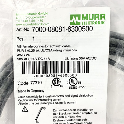 CABO PUR 7000-08081-6300500 M8 AB+F90 3P PT 5M
