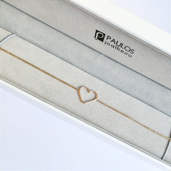 Pulseira Elos Groumet com Coração de Fio Ouro 10K