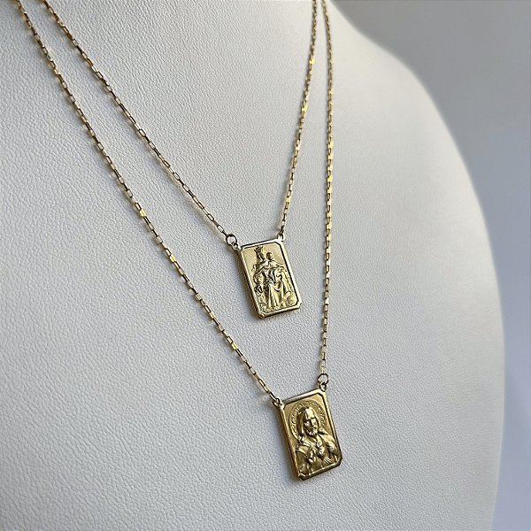 Escapulário Nossa Senhora do Carmo e Sagrado Coração de Jesus Ouro 18K - Grande