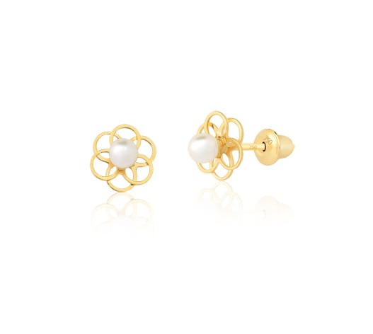 Par de Brincos Flor com Pérola Ouro 18K