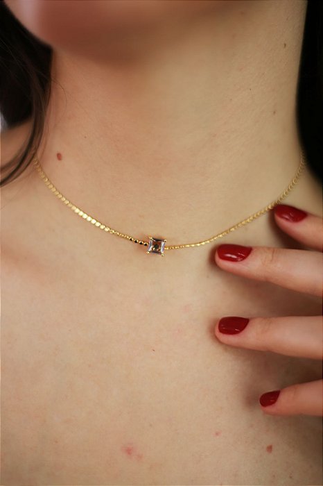 Choker Bolinhas Achatadas Pedra Roxa Banhada a Ouro 18k