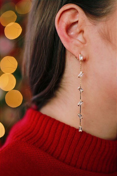 Brinco Longo Cristal Banhado a Ouro 18k