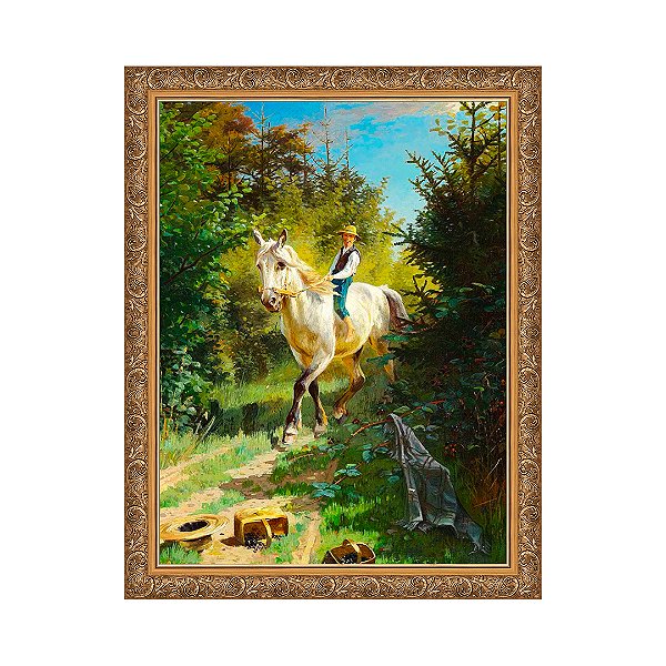 Menino em Cavalo Branco na Floresta