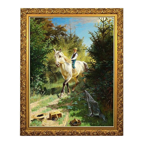 Menino em Cavalo Branco na Floresta