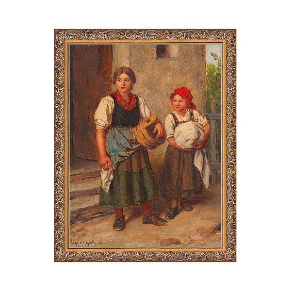 Camponesa com um dirndl na frente da lavanderia