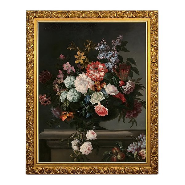 Vaso de flores e frutas em um encanto