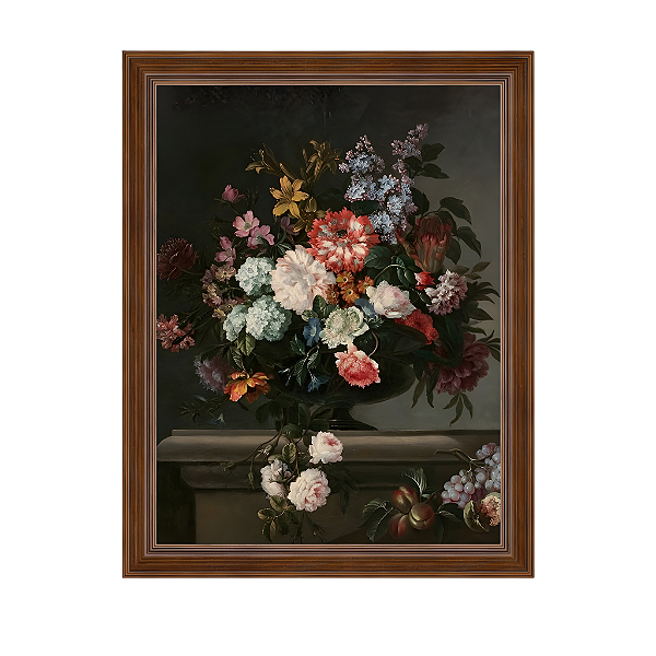 Vaso de flores e frutas em um encanto