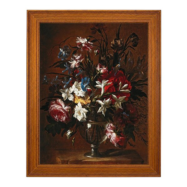 Cravos, rosas, lírios e outras flores num vaso sobre uma prateleira