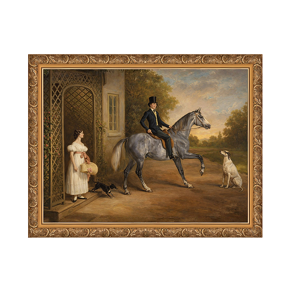 Mestre John Marriott em um cavalo cinza, com sua irmã Annis e seus cães do lado de fora