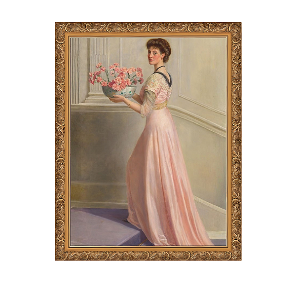 Retrato de uma senhora vestida de rosa carregando uma tigela de cravos cor-de-rosa