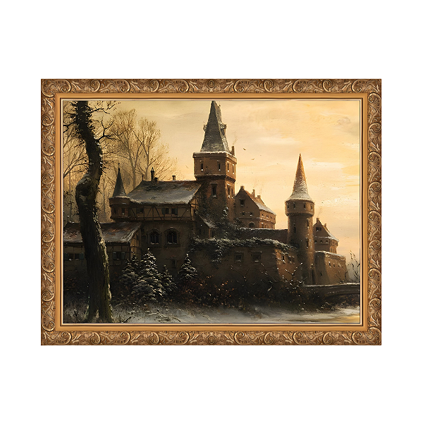 Paisagem de inverno com a construção de um castelo