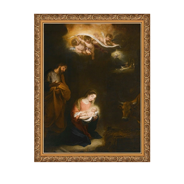 Uma cena noturna com o nascimento de Jesus e a anunciação