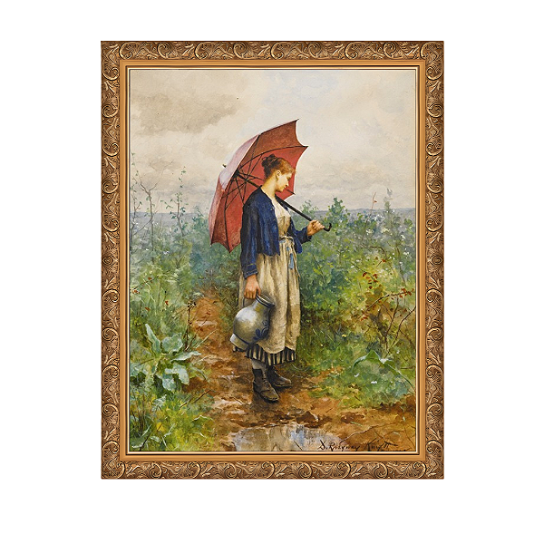 Retrato de uma mulher com guarda-chuva recolhendo água