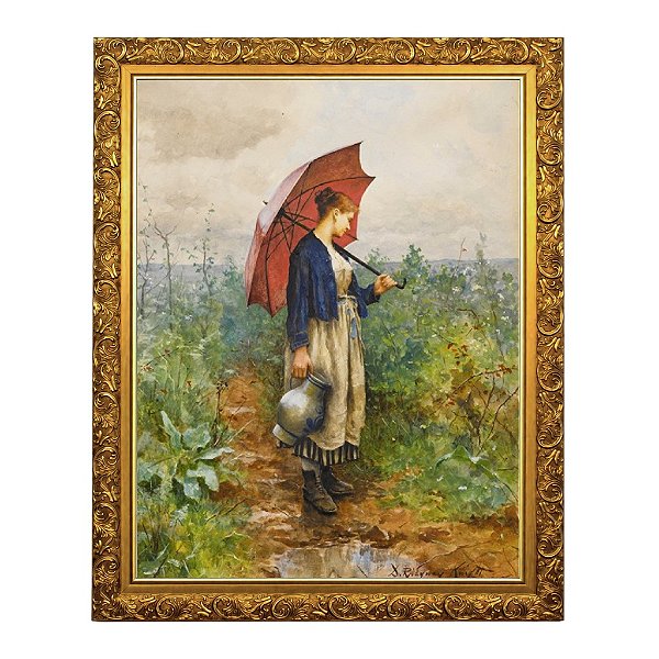 Retrato de uma mulher com guarda-chuva recolhendo água