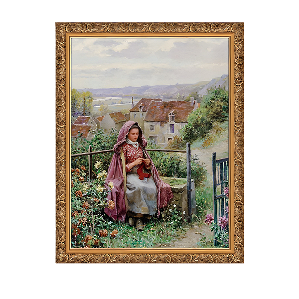 Jovem mulher tricotando junto ao portão de um jardim