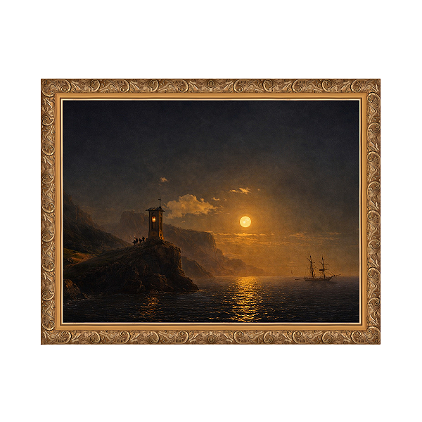 Capela à beira-mar em uma noite de luar