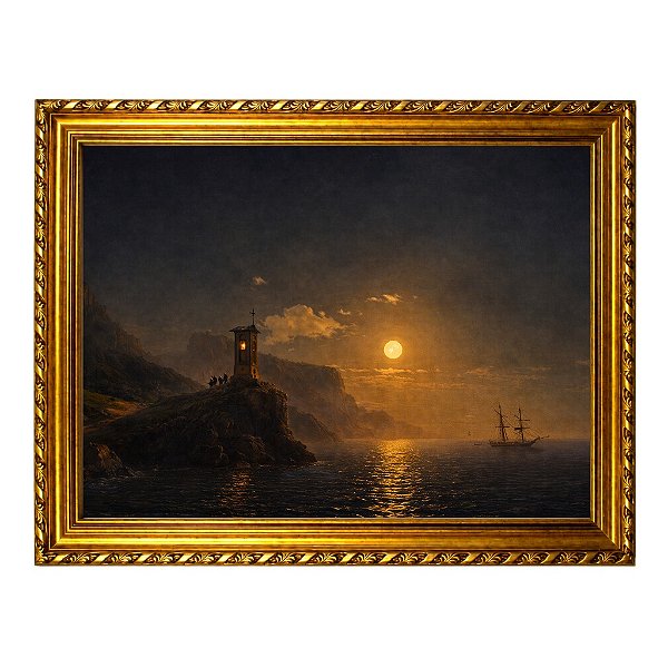 Capela à beira-mar em uma noite de luar
