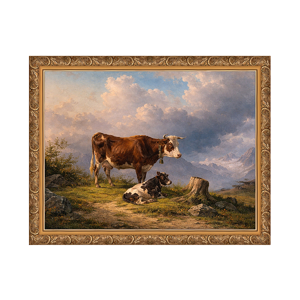 Uma vaca com um bezerro em um pasto alpino