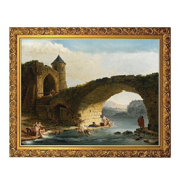 Uma paisagem do rio Capriccio com lavadeiras perto de uma ponte em ruínas.