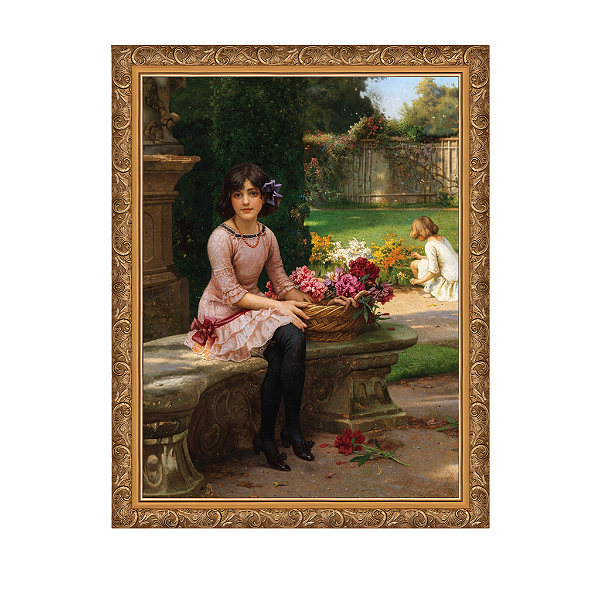 Menina com flores sentada em um banco de parque
