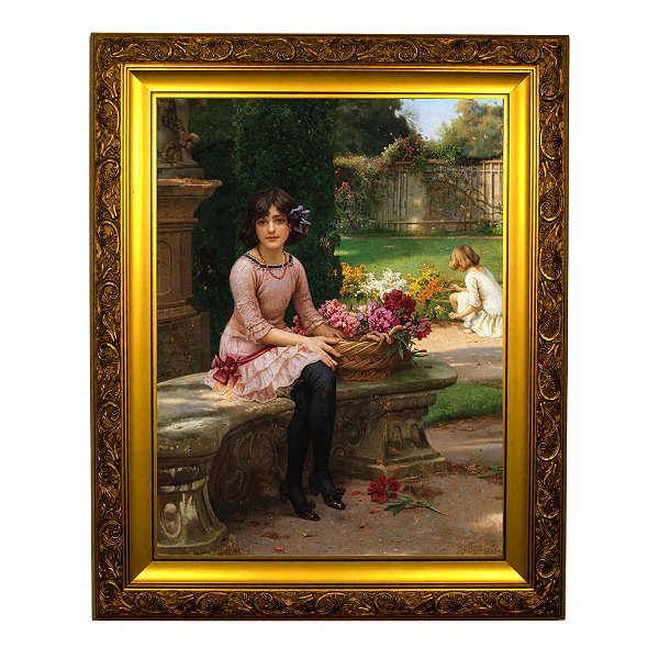 Menina com flores sentada em um banco de parque