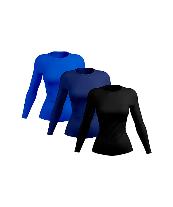 Kit 3 Camisetas Feminina Manga Longa Proteção Solar UV Camisa Térmica Manga Longa Royal-Marinho-Preto