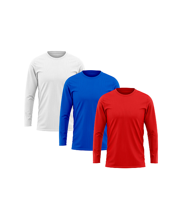 Kit 3 Camisetas Masculina Manga Longa Proteção Solar UV 50+ Branco-Royal-Vermelho