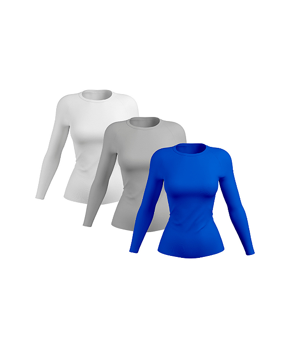 Kit 3 Camisetas Feminina Proteção Solar UV Camisa Térmica Manga Longa Branca-Cinza-Royal