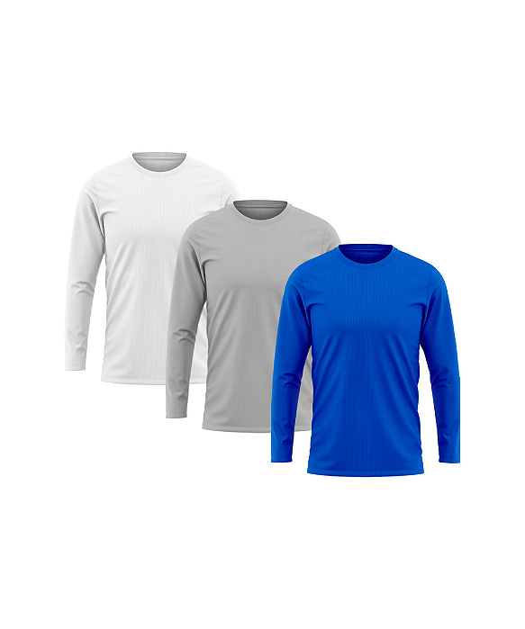 Kit 3 Camisetas Masculina Manga Longa Lisa Básica Segunda Pele Proteção Solar UV 50+ Branco-Cinza-Royal
