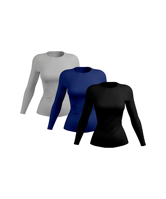 Kit 3 Camisetas Feminina Proteção Solar UV Camisa Térmica Manga Longa Cinza-Marinho-Preto