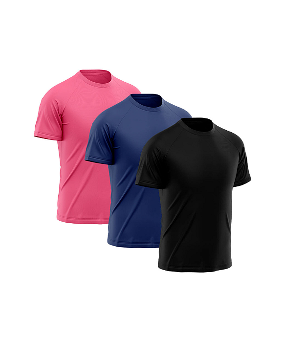 Kit 3 Camisetas Masculina Dry Fit Básica Lisa Proteção Solar UV Rosa-Azul-Preto