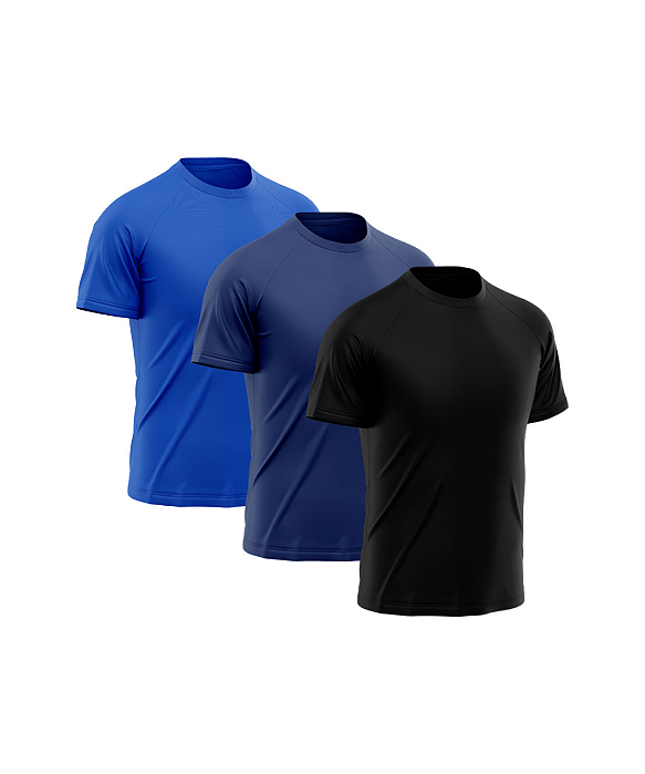 Kit 3 Camisetas Masculina Dry Fit Básica Lisa Proteção Solar UV Royal-Marinho-Preto