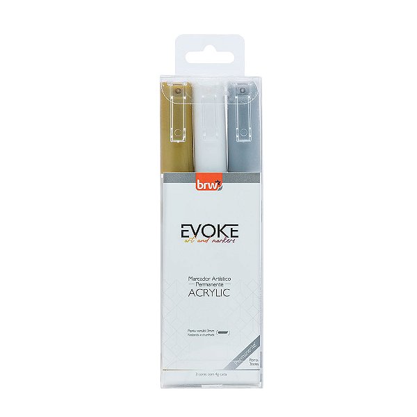 MARCADOR ARTÍSTICO EVOKE ACRYLIC 3MM - PRATA, DOURADO, BRANCO - BLISTER C/ 3UN