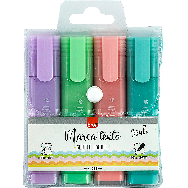 MARCA TEXTO COR PASTEL - GLITTER -  RS/LL/VD/AZ - BLISTER C/ 4UN