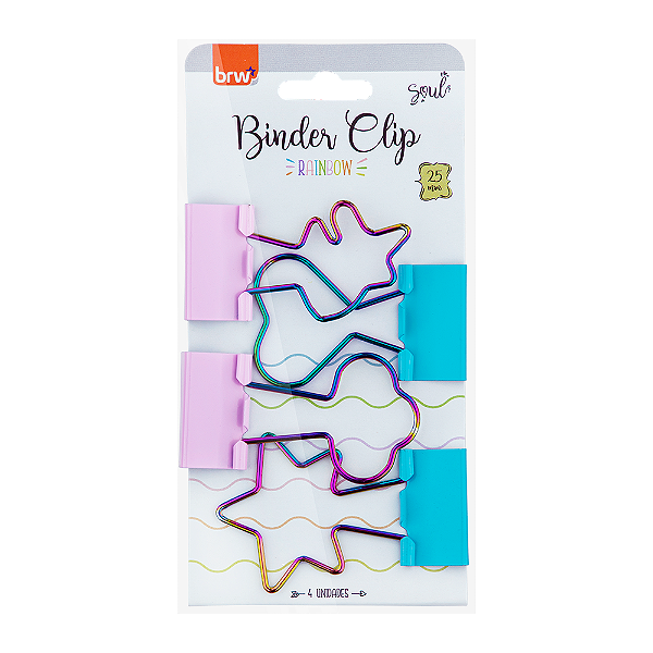 CLIPES PARA PAPEL BINDER 25MM - BLISTER C/ 4 UN - RAINBOW: UNICORNIO, ESTRELA, NUVEM E CORAÇÃO
