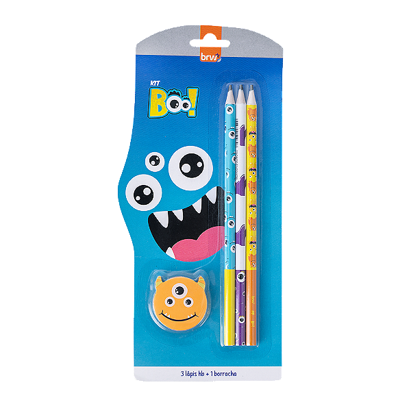 KIT ESCOLAR - MONSTER (3 LÁPIS HB + 1 BORRACHA) - BLISTER