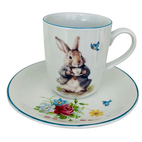 Caneca com pratinho de pão - Coelhinho tomando chá