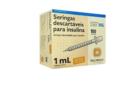 Seringa de Insulina 1ML Bico Slip Com Agulha Móvel 8,0mm x 3,0mm C/ 100 Unidades - Descarpack