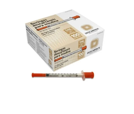 Seringa de Insulina 1ML Bico Slip Com Agulha Móvel 12,7mm x 0,33mm C/ 100 Unidades - Descarpack