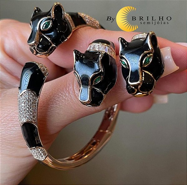 Bracelete de pantera esmaltado com zircônia e olho pedra esmeralda dourado (9846)