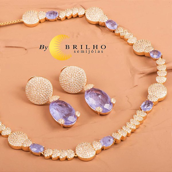 Conjunto de colar (fecho gravatinha) e brinco com zircônia e pedra tanzanita dourado (11285/10142)