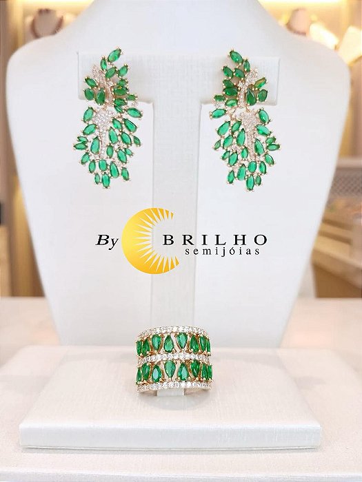Brinco de zircônia navete esmeralda dourado (10273)