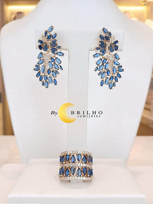 Brinco de zircônia navete safira dourado (10273)