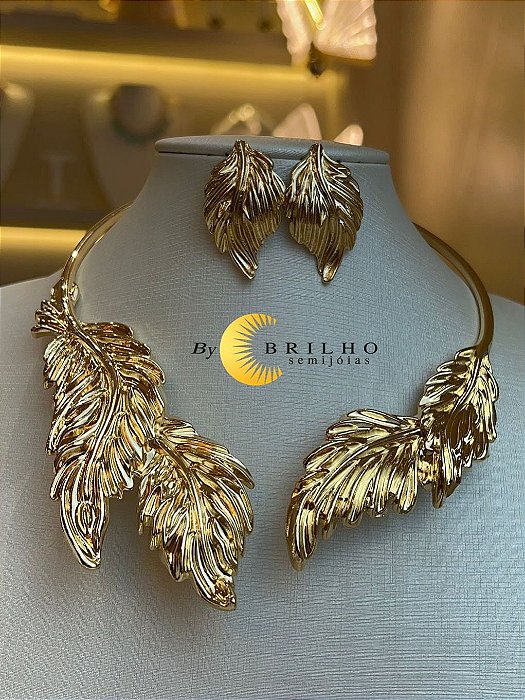 Conjunto aro e brinco de folhas metal dourado (11419)