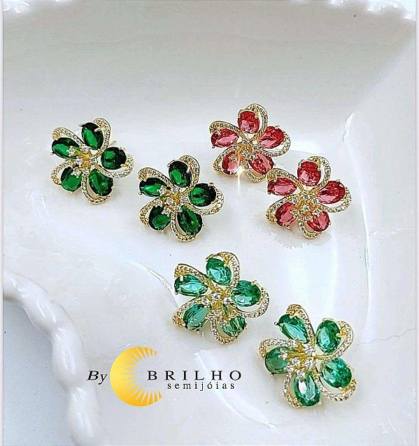 Brinco de cristal turmalina com zircônia dourado (10204)