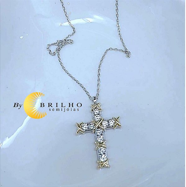 Colar de crucifixo inspiração X dourado no ródio branco com extensor (11352)