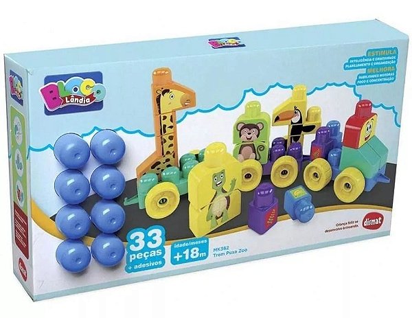 Brinquedo Bloco De Encaixe Trem Puxa Zoo 33 peças Dismat Mk362