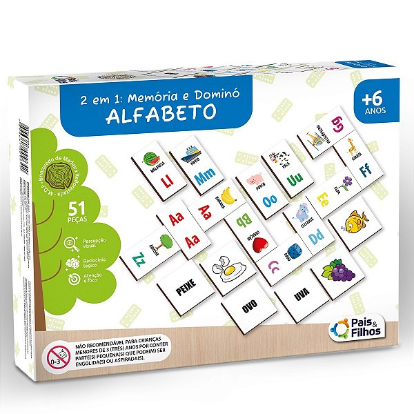 Brinquedo Educativo Alfabeto Memória Dominó Madeira 51 Peças