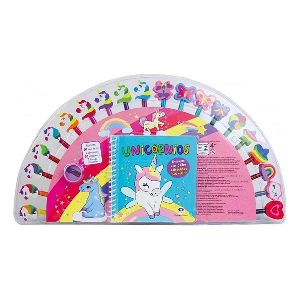 Livro De Colorir Unicórnios 20 Lápis De Cor Borrachas