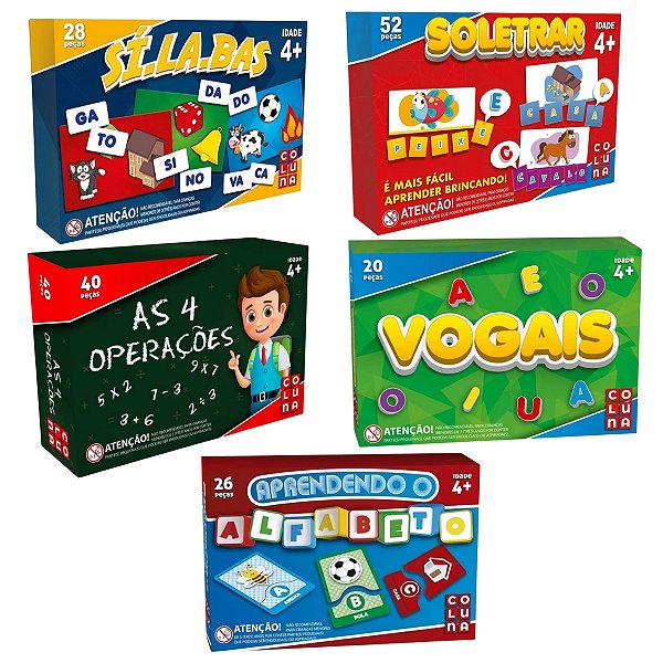 Kit 5 Brinquedos Vogais Sílabas Soletrar Alfabeto Operações